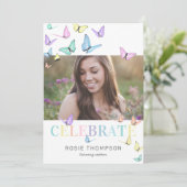 Rainbow Pastel Butterflies Foto Birthday Party Einladung (Stehend Vorderseite)