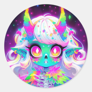 Rainbow Pastel Fantasy Skull Demon Anime Girl Runder Aufkleber