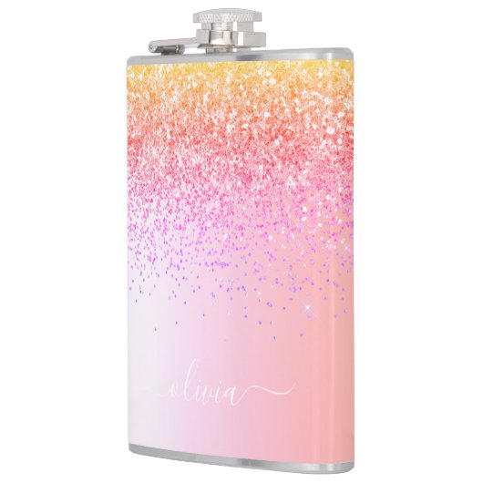 Rainbow Pastel Girly Glitzer Metal Monogram Name Flachmann (Links)