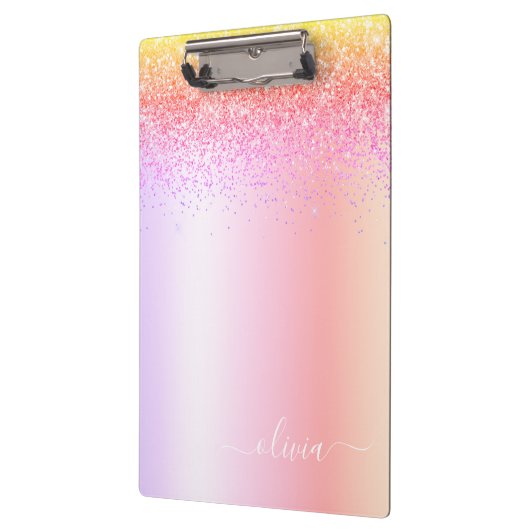 Rainbow Pastel Girly Glitzer Metal Monogram Name Klemmbrett (Links)