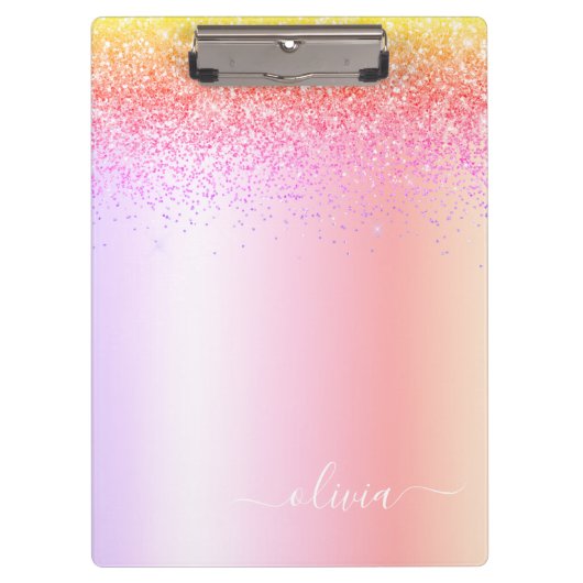 Rainbow Pastel Girly Glitzer Metal Monogram Name Klemmbrett (Vorderseite)