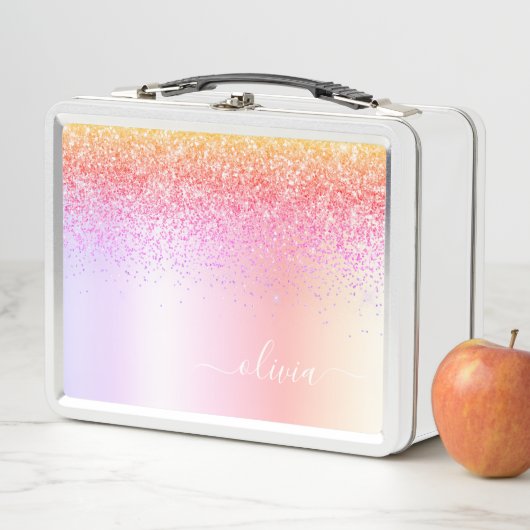 Rainbow Pastel Girly Glitzer Metal Monogram Name Metall Brotdose (Beispiel)