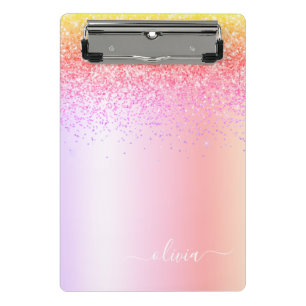 Rainbow Pastel Girly Glitzer Metal Monogram Name Mini Klemmbrett