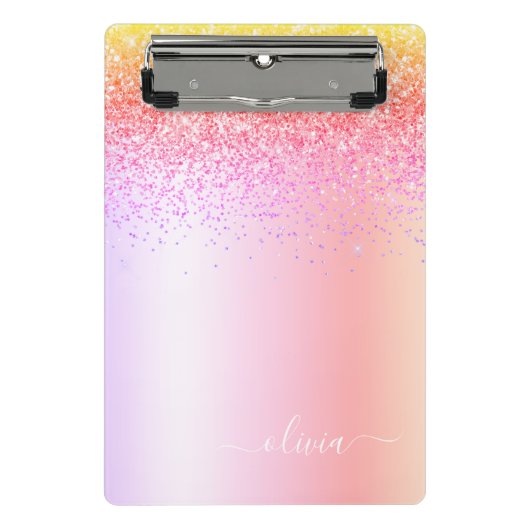 Rainbow Pastel Girly Glitzer Metal Monogram Name Mini Klemmbrett (Vorderseite)