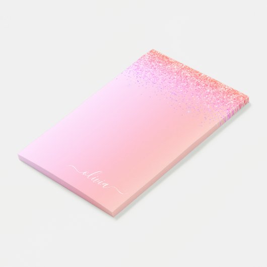 Rainbow Pastel Girly Glitzer Metal Monogram Name Post-it Klebezettel (angewinkelt)
