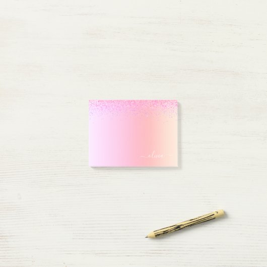 Rainbow Pastel Girly Glitzer Metal Monogram Name Post-it Klebezettel (Auf Schreibtisch)