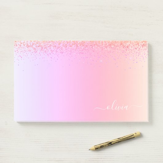 Rainbow Pastel Girly Glitzer Metal Monogram Name Post-it Klebezettel (Auf Schreibtisch)