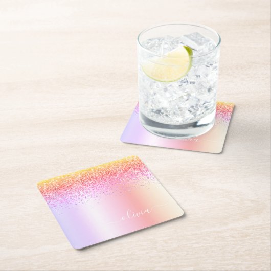 Rainbow Pastel Girly Glitzer Metal Monogram Name Rechteckiger Pappuntersetzer (Vor Ort)