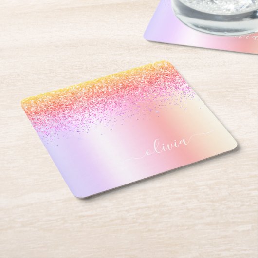 Rainbow Pastel Girly Glitzer Metal Monogram Name Rechteckiger Pappuntersetzer (angewinkelt)