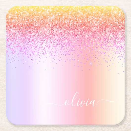 Rainbow Pastel Girly Glitzer Metal Monogram Name Rechteckiger Pappuntersetzer (Vorderseite)