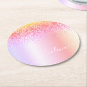 Rainbow Pastel Girly Glitzer Metal Monogram Name Runder Pappuntersetzer (Angewinkelt)