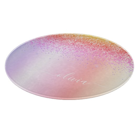 Rainbow Pastel Girly Glitzer Metal Monogram Name Schneidebrett (Ecke)