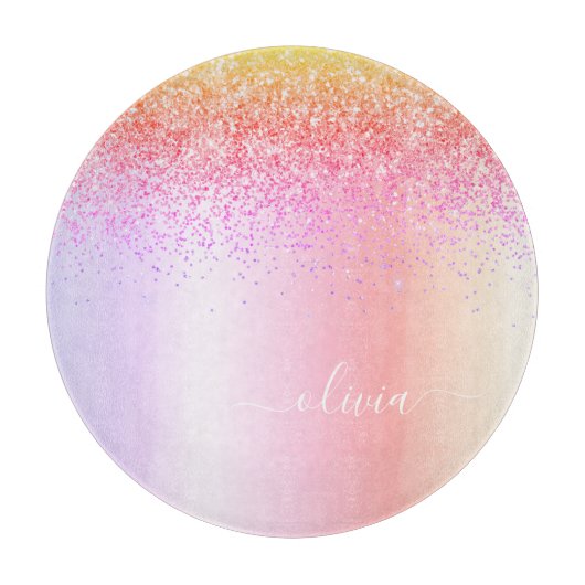 Rainbow Pastel Girly Glitzer Metal Monogram Name Schneidebrett (Vorderseite)
