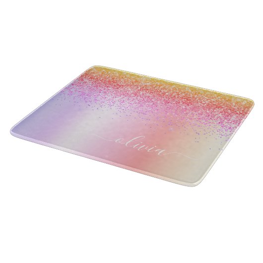 Rainbow Pastel Girly Glitzer Metal Monogram Name Schneidebrett (Ecke)