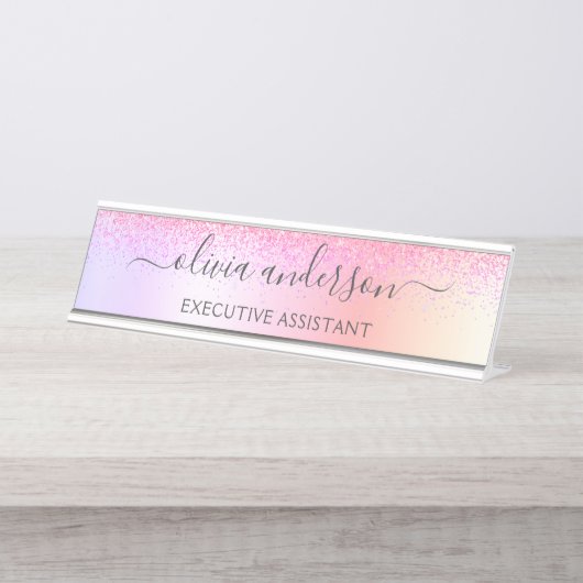 Rainbow Pastel Girly Glitzer Metal Monogram Name Schreibtischnamensplakette (Vorderseite )