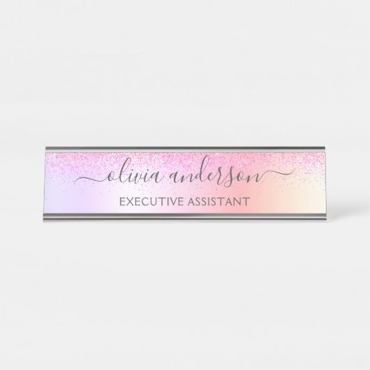 Rainbow Pastel Girly Glitzer Metal Monogram Name Schreibtischnamensplakette (Vorderseite )