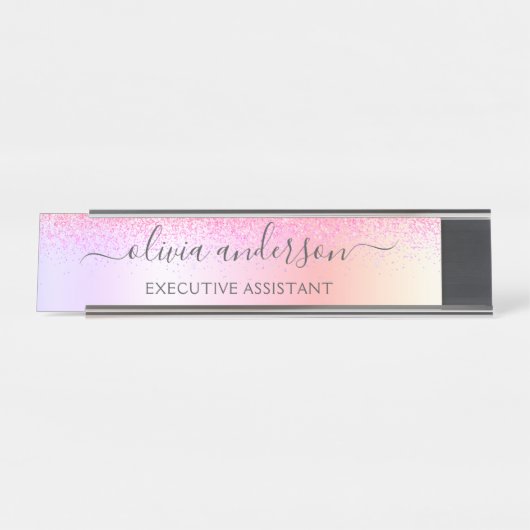 Rainbow Pastel Girly Glitzer Metal Monogram Name Schreibtischnamensplakette (Vorderseite )