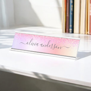 Rainbow Pastel Girly Glitzer Metal Monogram Name Schreibtischnamensplakette