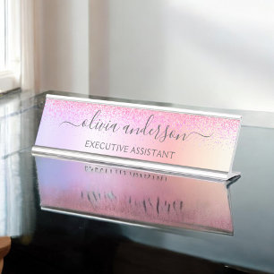 Rainbow Pastel Girly Glitzer Metal Monogram Name Schreibtischnamensplakette