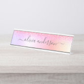 Rainbow Pastel Girly Glitzer Metal Monogram Name Schreibtischnamensplakette (Vorderseite )