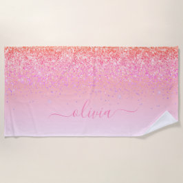 Rainbow Pastel Girly Glitzer Metal Monogram Name Strandtuch