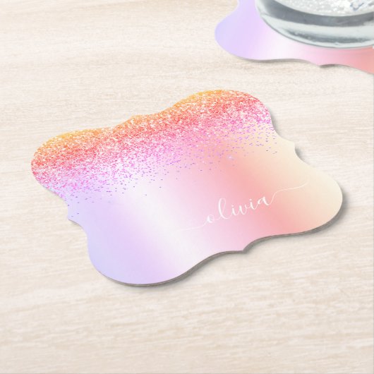 Rainbow Pastel Girly Glitzer Metal Monogram Name Untersetzer (angewinkelt)