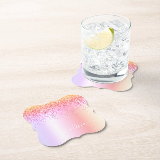 Rainbow Pastel Girly Glitzer Metal Monogram Name Untersetzer (Vor Ort)