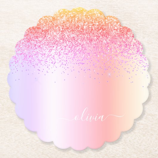 Rainbow Pastel Girly Glitzer Metal Monogram Name Untersetzer (Vorderseite)
