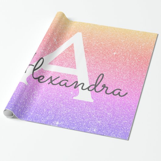 Rainbow Pastel Glitzer und Sparkle Monogram Geschenkpapier (Ungerollt)