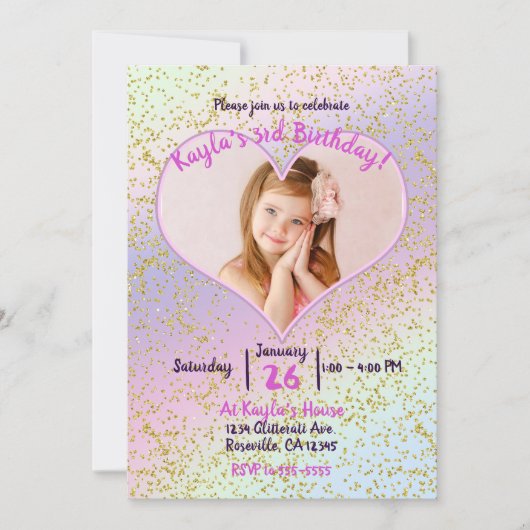 Rainbow Pastel Gold Glitzer Einhorn Foto Party Einladung (Vorderseite)