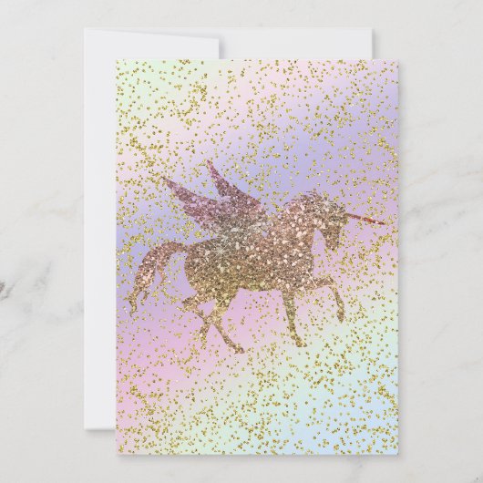Rainbow Pastel Gold Glitzer Einhorn Foto Party Einladung (Rückseite)