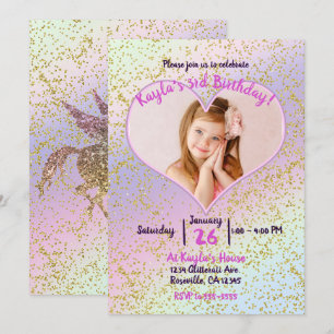 Rainbow Pastel Gold Glitzer Einhorn Foto Party Einladung