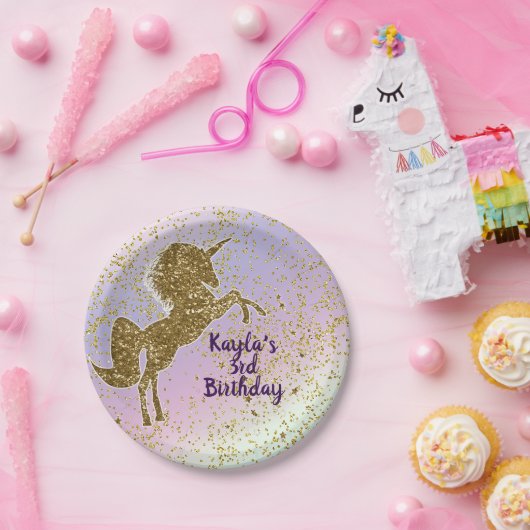 Rainbow Pastel Gold Glitzer Einhorn Sterne Party Pappteller (Party)
