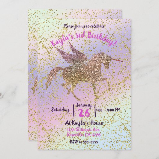 Rainbow Pastel Gold Glitzer Unicorn Geburtstagspar Einladung (Vorne/Hinten)