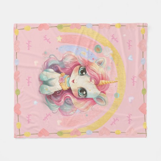 Rainbow Pastel Rose Kawaii Unicorn Fleecedecke (Vorderseite (Horizontal))