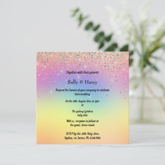 Rainbow Pastel Sparkle Diamond Wedding Einladung (Stehend Vorderseite)