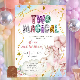 Rainbow Pastel Unicorn Two Magical 2nd birthday In Einladung