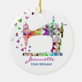 Rainbow Patchwork Quilt Nähmaschine Keramik Ornament (Hinten)