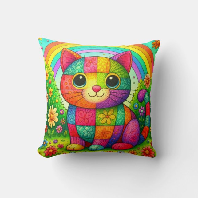 Rainbow Patchwork Whimsical Colorful Kitty Kissen (Vorderseite)