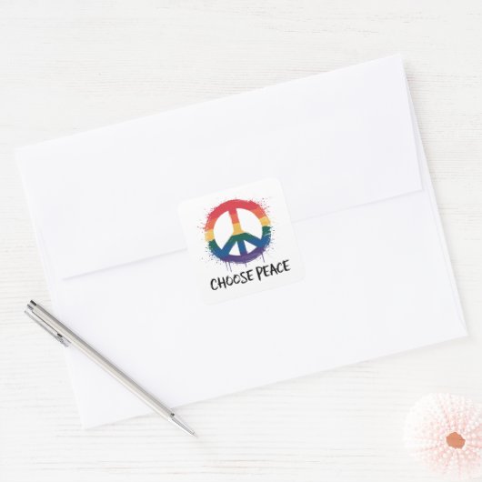 Rainbow Peace Sign mit "Choose Peace" Text Quadratischer Aufkleber (Umschlag)