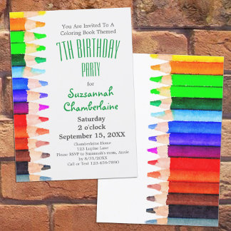 Rainbow Pencils Coloring Theme Kindergeburtstag Pa Einladung