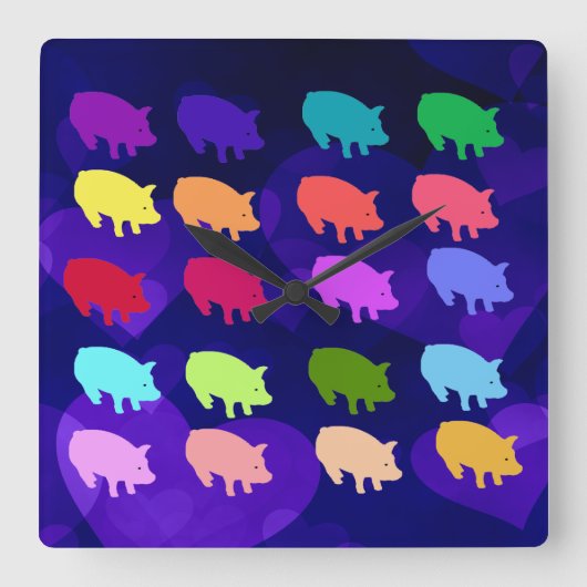 Rainbow Pigs Quadratische Wanduhr (Vorderseite)