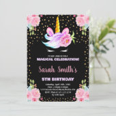 Rainbow Pink Black Unicorn Einladung zum Geburtsta (Stehend Vorderseite)