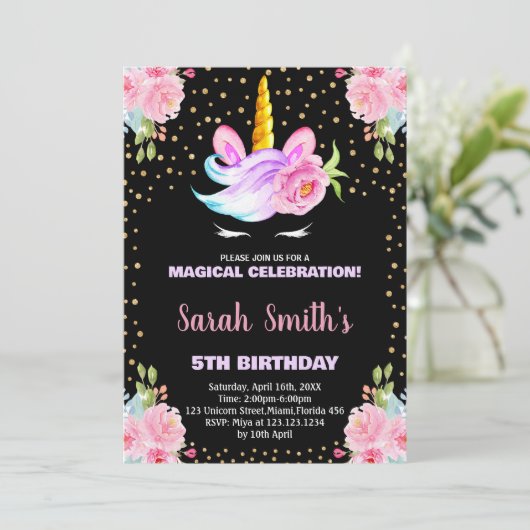 Rainbow Pink Black Unicorn Einladung zum Geburtsta (Stehend Vorderseite)