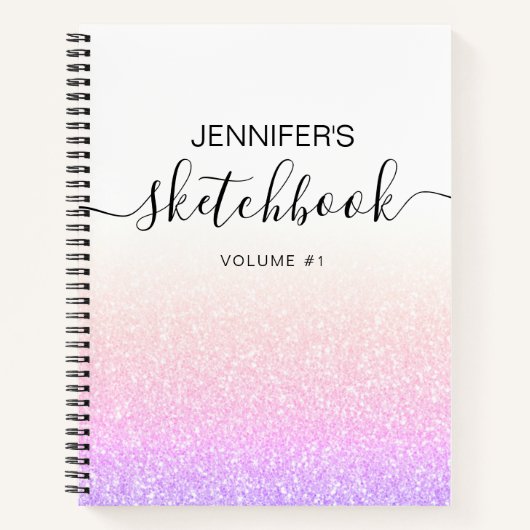 Rainbow Pink Glitzer Girly Ombre Sketchbook Name Notizblock (Vorderseite)