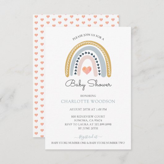 Rainbow Pink Heart Baby Dusche Einladung (Vorne/Hinten)