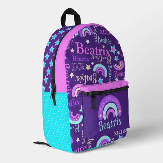Rainbow pink lila Aqua Stars Name Beatrix Bedruckter Rucksack (Rückseitige Ecke links)