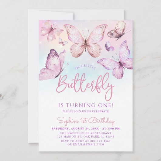 Rainbow Pink Lila Girl Butterfly 1 Geburtstag Einladung (Vorderseite)
