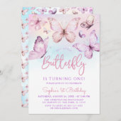 Rainbow Pink Lila Girl Butterfly 1 Geburtstag Einladung (Vorne/Hinten)