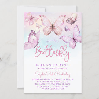 Rainbow Pink Lila Girl Butterfly 1 Geburtstag Einladung